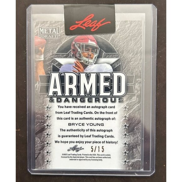 2022 Bryce Young AUTO Leaf Card Metal Armed and Dangerous /15 - Picture 2 of 2